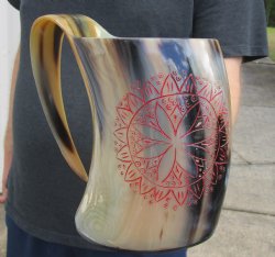 Polished Buffalo Horn Mug, Ox Horn Mug with carved red emblem design 7" tall. Available to purchase today - $30
