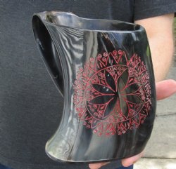 Polished Buffalo Horn Mug, Cow Horn Mug with carved red emblem design 6-1/2" tall. For sale for $15