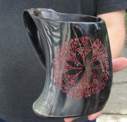 Polished Buffalo Horn Mug, Cow Horn Mug with carved red emblem design 6-1/2" tall. For sale for $30