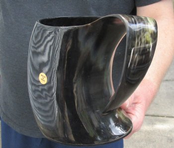Polished Buffalo Horn Mug, Cow Horn Mug with carved red emblem design 6-1/4" tall. Buy this mug today for $30