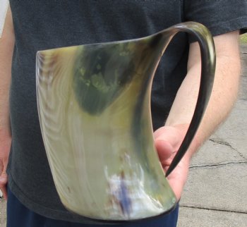 Polished Buffalo Horn Mug, Cow Horn Mug with carved red emblem design 6-1/2" tall. Available to purchase for $30