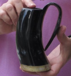 Polished Buffalo Horn Mug, Ox Horn Mug with wood base. For sale for $22