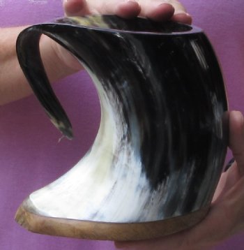 Polished Ox Horn Mug, Cow Horn Mug with wood base. Available for sale for $22