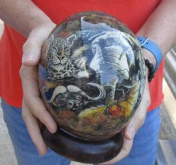 6 inch South African Decoupage Ostrich Egg with the African Big 5 Animals and Map with wooden stand for sale - $45