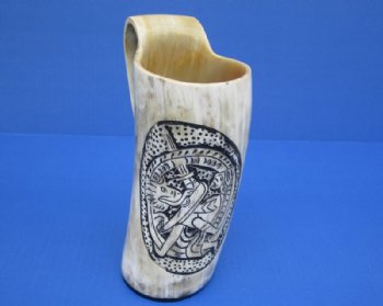 6-1/2 to 7-1/2 inches Wholesale Decorative Carved Buffalo Horn Mug with Fighting Knights - <font color=red>*Closeout Sale* </font>2 pcs $16.00 each; 6 pcs @ $14.00 each 