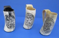 6-1/2 to 7-1/2 inches Wholesale Decorative Carved Buffalo Horn Mug with Fighting Knights - <font color=red>*Closeout Sale* </font>2 pcs $16.00 each; 6 pcs @ $14.00 each 