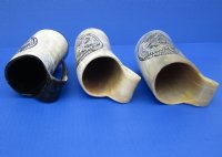 6-1/2 to 7-1/2 inches Wholesale Decorative Carved Buffalo Horn Mug with Fighting Knights - <font color=red>*Closeout Sale* </font>2 pcs $16.00 each; 6 pcs @ $14.00 each 