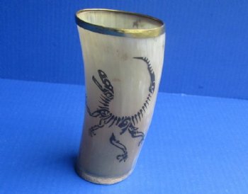 Wholesale Buffalo Horn Cup/Glass with brass rim, Dinosaur decal and wood bottom - 5 to 5-1/2 inches tall - 2 pcs @ $7.50 each; 12 pcs @ $6.75 each