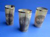 Wholesale Carved Buffalo Horn Cup/Glass with brass rim and Tree of Life design and has a wood bottom - 5 to 5-1/2 inches tall. Packed: 2 pcs @ $7.50 each; Packed: 12 pcs @ $6.75 each