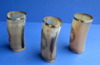 Wholesale Carved Buffalo Horn Cup/Glass with brass rim and Tree of Life design and has a wood bottom - 5 to 5-1/2 inches tall - 2 pcs @ $7.50 each; 12 pcs @ $6.75 each