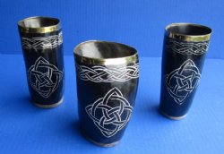 Wholesale Carved Buffalo Horn Cup/Glass with brass rim and wood bottom - 5 to 5-1/2 inches tall - 2 pcs @ $8.50 each; 12 pcs @ $7.50 each