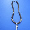 Wholesale alligator tooth necklaces with silver colored alligator design cap with brown, navy and white coco beads with tan tube beads - Packed: 3 pcs @ $5.00 each; Packed: 12 pcs @ $4.50 each