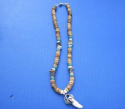 Wholesale alligator tooth necklaces with brown, white and teal coco beads and alligator design cap - 3 pcs @ $5.00 each; 12 pcs @ $4.50 each