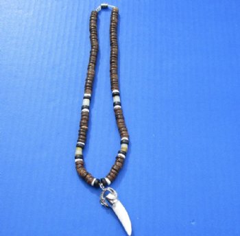 Wholesale alligator tooth necklaces with alligator design cap with black, brown and white coco beads - 3 pcs @ $5.00 each; 12 pcs @ $4.50 each