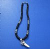 Wholesale alligator tooth necklaces with silver colored alligator design cap with black, white and teal coco beads with mixed shell chips - Packed: 3 pcs @ $5.00 each; Packed: 12 pcs @ $4.50 each