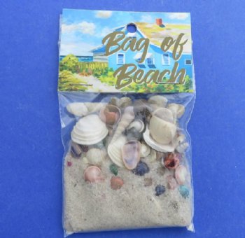 Souvenir bag of sand with an assortment of mixed shells - 1 pack containing 10 shell bags @ $1.10 bag