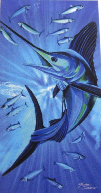 Wholesale 30" x 60" Large Sailfish with Tuna School Beach Towels - 6 pc @ $5.25 each <font color=red>*Price Reduced* </font>