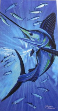 Wholesale 30" x 60" Fiber Reactive Velour Large Sailfish with Tuna School Beach Towels with hanger made of 100% cotton - Case of 12 @ $7.50 each