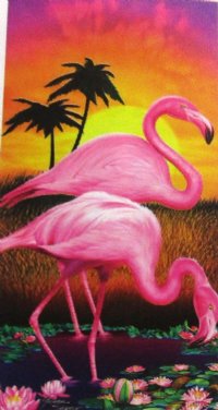 Wholesale 30" x 60" Fiber Reactive Velour Twin Flamingos Sunrise Beach Towels with hanger made of 100% cotton - Case of 12 @ $7.50 each