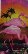 Wholesale 30" x 60" Fiber Reactive Velour Twin Flamingos Sunrise Beach Towels with hanger made of 100% cotton - Case of 12 @ $7.50 each