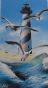 Wholesale 30" x 60" Fiber Reactive Velour Hatteras Light House with Sea Gulls Beach Towels with hanger made of 100% cotton - Case of 12 @ $7.50 each