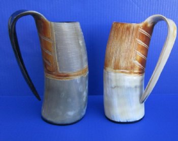 Wholesale Buffalo horn mug half carved, half polished measuring 9" and 10" tall - $30.00 each; 6 pcs @ $27.00