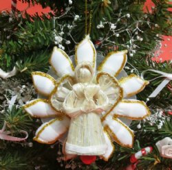 Wholesale Straw Angel Ornaments on capiz shell 3 inches - 10 pcs @ $2.60 each; 30 pcs @ $2.34 each