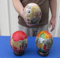 Wholesale Decoupage Ostrich Eggs with African animal prints imported from South Africa - 5 inches to 6 inches (stands sold separately) - $35.00 each <font color=red> *SALE* </font> (Assorted styles)