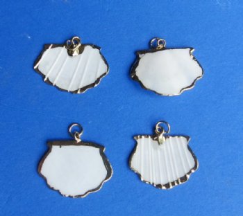 Small gold trimmed white scallop shell pendants wholesale - 25 pcs @ .55 each;  100 pcs @ .50 each 