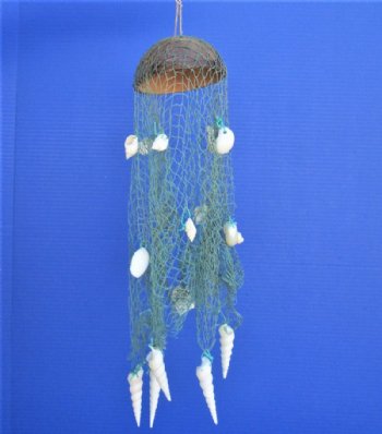 17 inch Coconut top w/Blue Fish Net Wind Chime (6 pc, 24 pc)