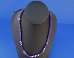 18" Wholesale Coconut Jewelry with Dark Purple Coconut Beads and White Puka Beads - $18.00 dozen; 5 dozen @ $16.20 dozen