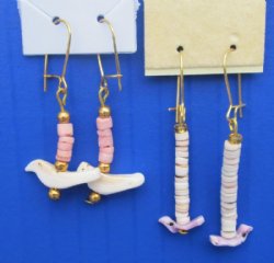 Wholesale Pink or Purple strombus Shell Earrings with Carved Bird - <font color=red> CLOSEOUT </font>  $.50 a dozen