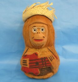 Wholesale Carved and Painted Coconut Monkey Playing Guitar, wearing a straw hat - Bag of 12 pcs @ $3.15 each