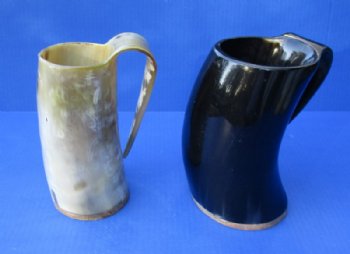 Wholesale Polished buffalo horn mug with wood base/bottom measuring 8 inches tall. $32.00 each; 6 pcs @ $28.00 each 
