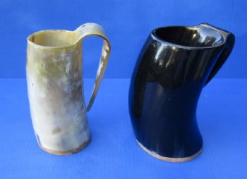 Wholesale Polished buffalo horn mug with wood base/bottom 6 inches tall. $22.00 each; 6 pcs @ $19.50 each 