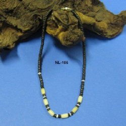 18" Wholesale Coconut Necklace with Black, Tan and White Beads - $16.20 dozen; 5 dozen @ $14.40 dozen