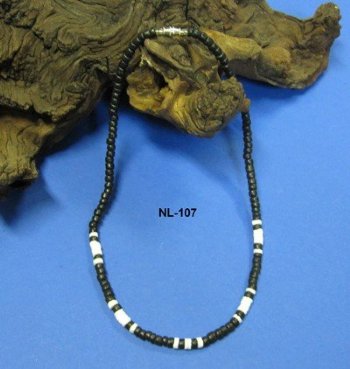 Wholesale Coconut Jewelry with Black Beads and White Puka Shell Beads 18" $12.00 dz; 18" 5 dz $10.80; 9" $4 dz; 7-1/2" $4 dz 