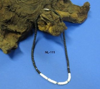 18 inches Wholesale Coconut Necklaces with Black Coconut Beads and White Puka Beads - 1 dozen @ $9.00 dz; 5 dozen @ $8.00 dz