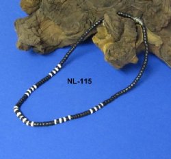 18 inches Wholesale Black and White Coconut Necklaces with Puka Shells - $10.80 dozen; 5 dz @ $9.60/dz