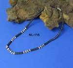 18 inches Wholesale Black and White Coconut Necklaces with Puka Shells - $10.80 dozen; 5 dz @ $9.60/dz
