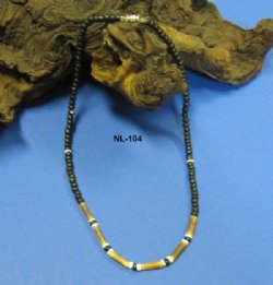 Wholesale Coconut Jewelry with Black Coconut Beads, Brown Tube, White Puka shells - 18" $9.00 dz - 18" 5 dz  $8.00 - 9" $4.00 dz -7-1/2" $4.00 dz