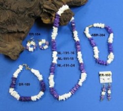 Purple and White Puka Shell Necklaces, Bracelets & Earrings 16" $3.50 <font color=red> Closeout </font>; 9" $4; 7-1/2" $4.25   