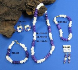 Purple and White Puka Shell Necklaces, Bracelets & Earrings 24" $5.00 <font color=red>Closeout </font>; 16" $3.50 <font color=red> Closeout </font>; 9" $4; 7-1/2" $4.25   
