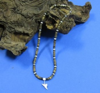 18 inch brown coconut bead shark tooth necklace (1 dz, 5 dz)