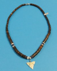 Wholesale Brown Coconut Beads with Shark Tooth Pendants 18" - $36.00 dozen; 5 dozen @ $32.40 dozen