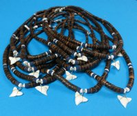 Wholesale Brown Coconut Beads with Shark Tooth Pendants 18" - $36.00 dozen; 5 dozen @ $32.40 dozen