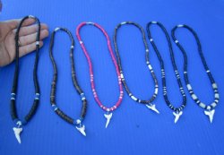 Wholesale Mako Shark tooth 1 to 1-1/8 inch wrapped with silver colored wire on an assorted color necklace - 5 pcs @ $4.00 each; 25 pcs @ $3.50 each