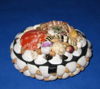4-1/2 inches Wholesale Oval Shell Box covered with natural shells - 3 pcs @ $3.45 each; 15 or more @ $3.10 each 