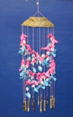 27 inch long Wholesale Wind Chimes with Pink & Green or Pink & Blue Cut Shells - $4.95 each; 6 or more @ $4.50 each  <font color=red> **SALE** </font>