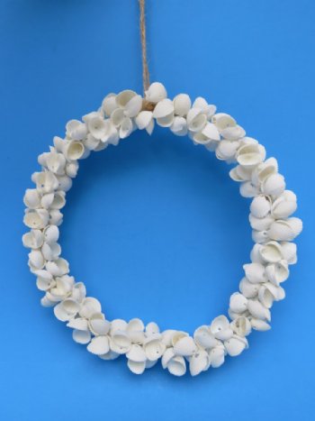 8 inches Wholesale White Clamrose Shell Wreath made with white ribbed clam shells - 2 pcs @ $4.50 each 
